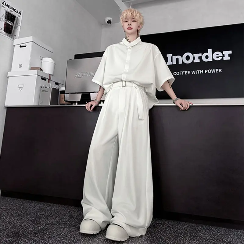 IEFB Niche Design Men's Suits Lapel Short Sleeved Single Breasted Shirts Belt Design Pleated Solid Color Wide Leg Pants 9W2598