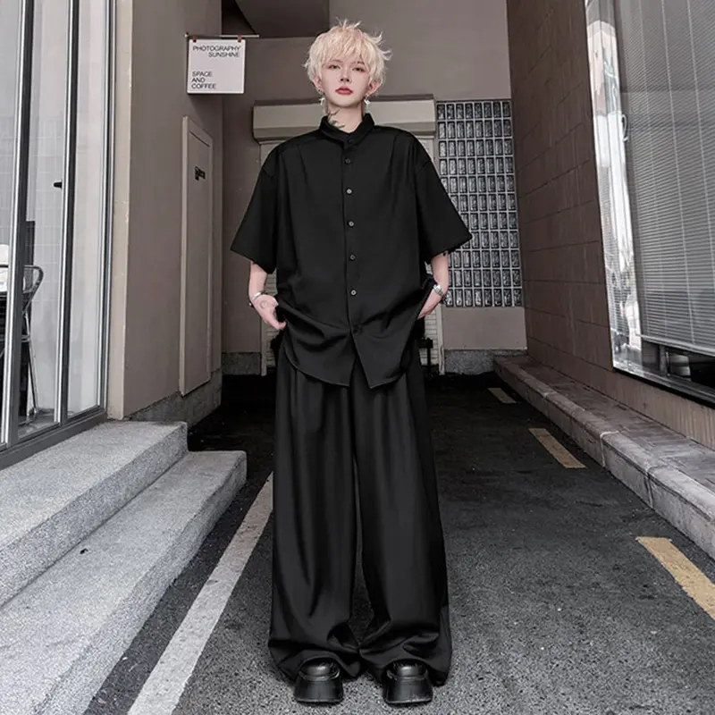 IEFB Niche Design Men's Suits Lapel Short Sleeved Single Breasted Shirts Belt Design Pleated Solid Color Wide Leg Pants 9W2598