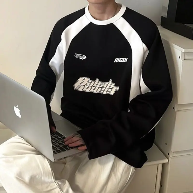 IEFB Letter Printing Men's Sweatshirts Round Neck Contrast Color Patchwork Loose Korean Style Casual Male Pullover Tops 9W2713