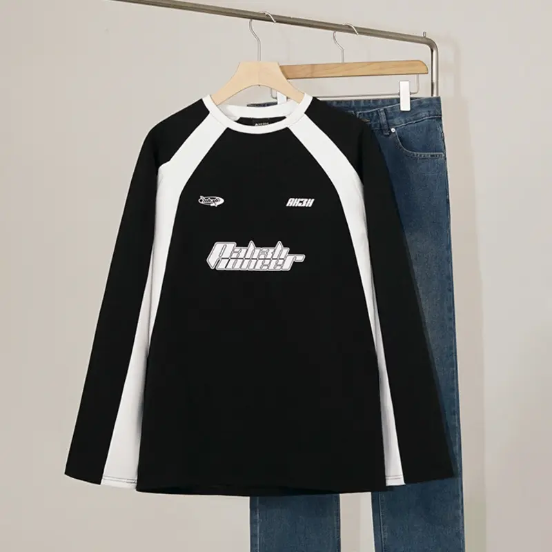IEFB Letter Printing Men's Sweatshirts Round Neck Contrast Color Patchwork Loose Korean Style Casual Male Pullover Tops 9W2713