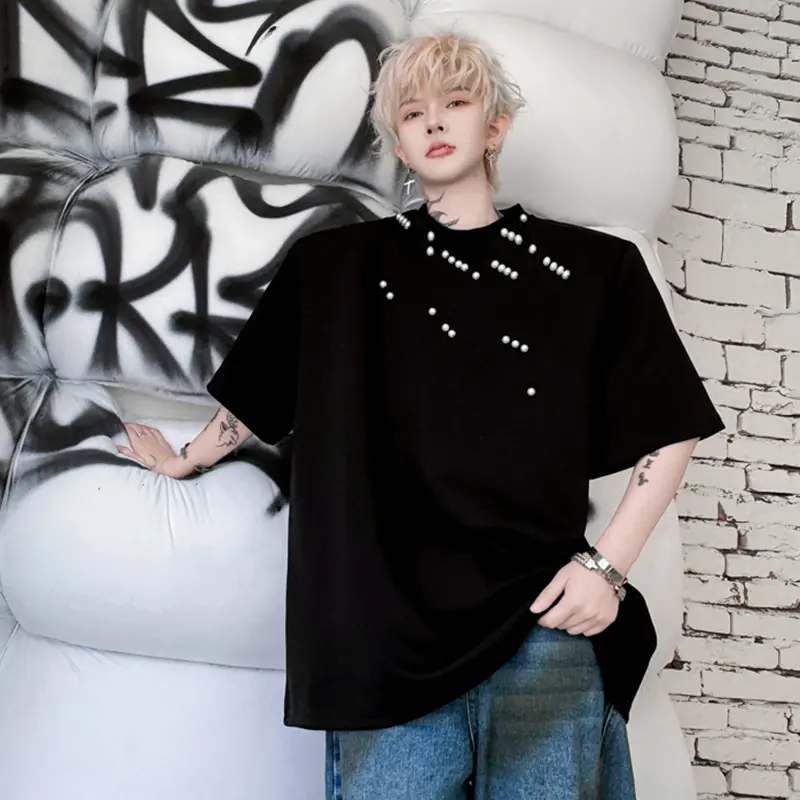 IEFB New Pearl Decoration Men's Tees Irregular O-neck Short Sleeved Solid Color Tops Loose Male Pullover T-shirts Niche 9W2591