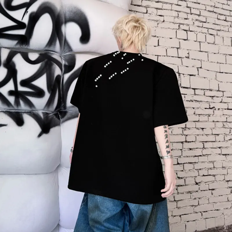 IEFB New Pearl Decoration Men's Tees Irregular O-neck Short Sleeved Solid Color Tops Loose Male Pullover T-shirts Niche 9W2591