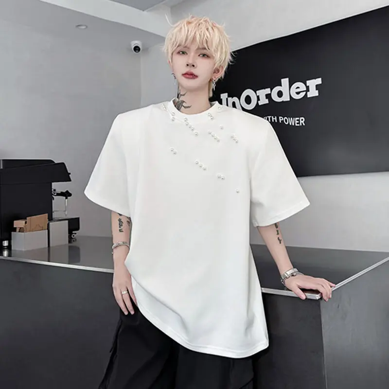 IEFB New Pearl Decoration Men's Tees Irregular O-neck Short Sleeved Solid Color Tops Loose Male Pullover T-shirts Niche 9W2591