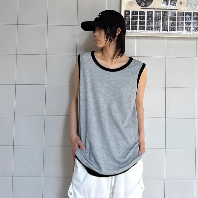 IEFB Summer Round Collar Sleeveless Top Men Pullover New Patchwork Contrast Color Vest Fashion Loose Sports Vests 9W3637