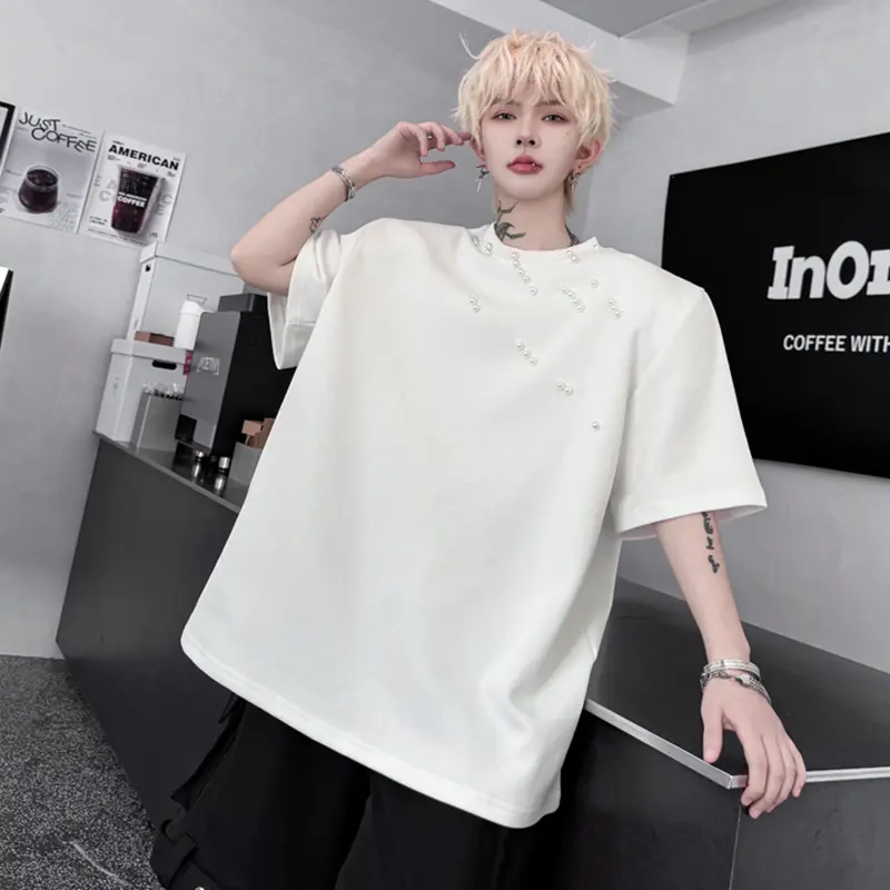 IEFB New Pearl Decoration Men's Tees Irregular O-neck Short Sleeved Solid Color Tops Loose Male Pullover T-shirts Niche 9W2591