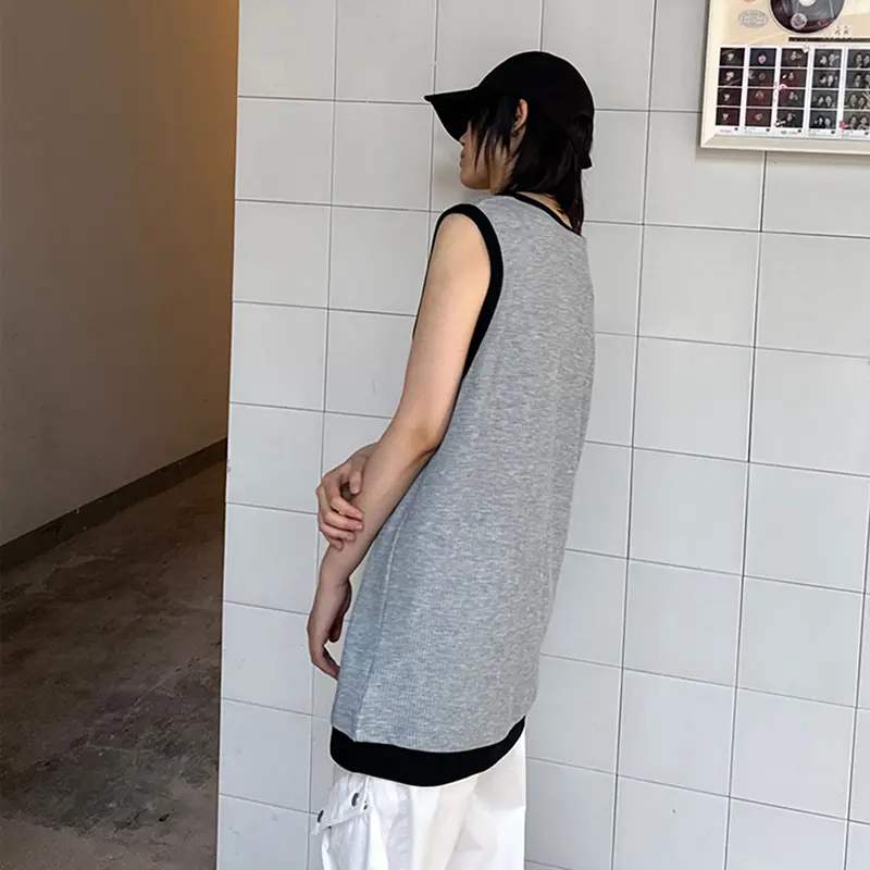 IEFB Summer Round Collar Sleeveless Top Men Pullover New Patchwork Contrast Color Vest Fashion Loose Sports Vests 9W3637