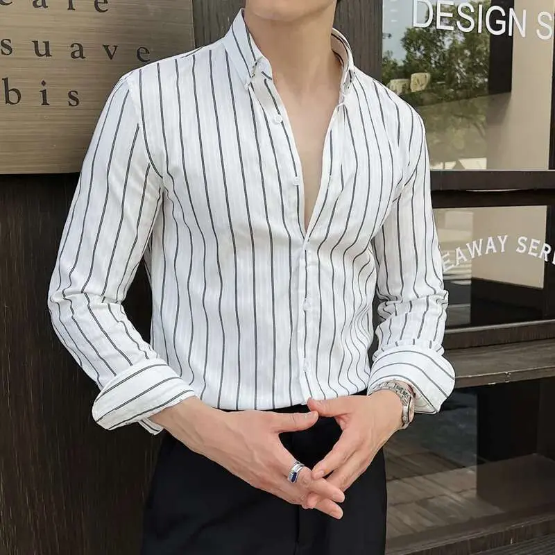 IEFB Striped Men's New Long Sleeved Shirts Korean Fashion Shirt Male Turn-down Collar Clothing Loose Spring Style 9W1567