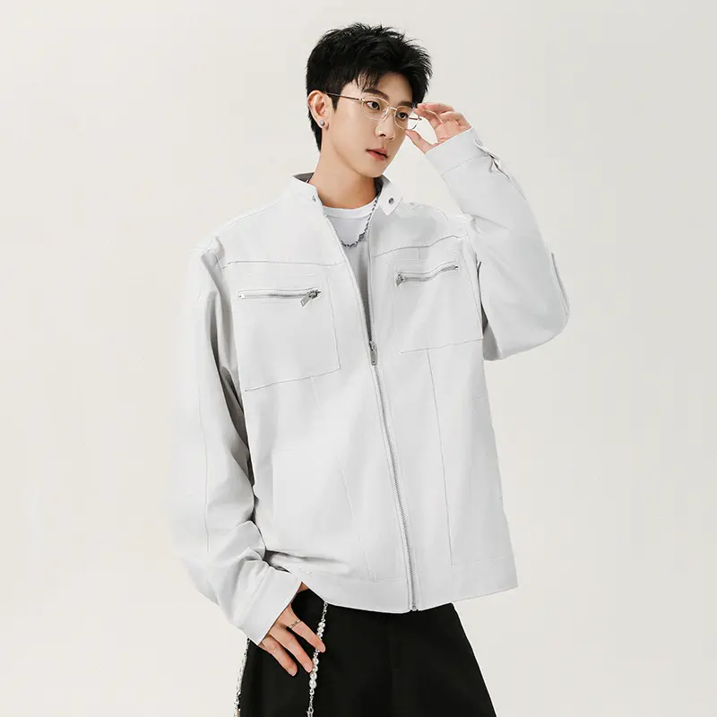 IEFB High Street Men's Coats Stand Collar Zipper Patchwork Design Autumn Solid Color All-match Loose Male Jackets Simple 9W4122