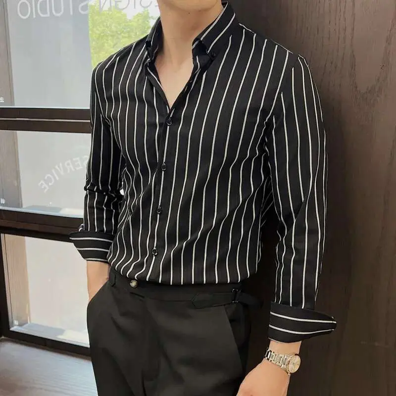 IEFB Striped Men's New Long Sleeved Shirts Korean Fashion Shirt Male Turn-down Collar Clothing Loose Spring Style 9W1567