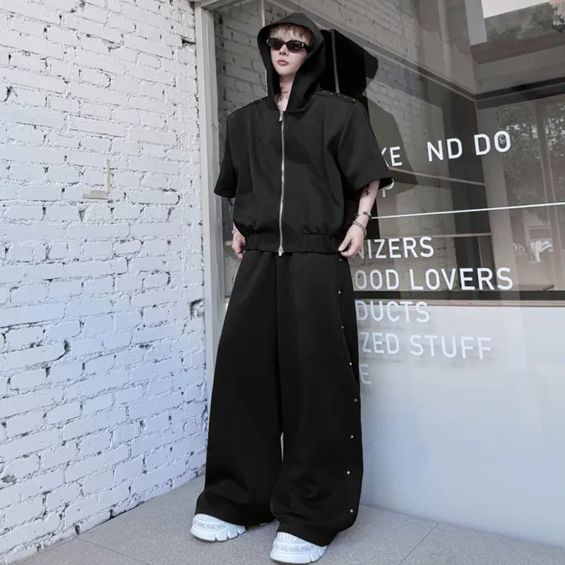 IEFB Fashion Men's Suits Hooded Zipper Short Sleeve Solid Color Sweatshirts Metal Rivets Drawstring Loose Male Pants New 9W2317
