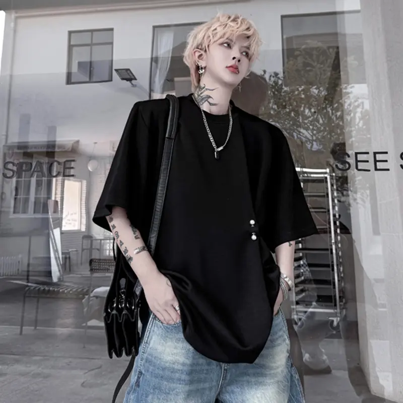 IEFB Pearl Buckle Design Men's T-shirts O-neck Solid Color New Niche Tops Short Sleeve Loose Male Tees Stylish Menswear 9W2306
