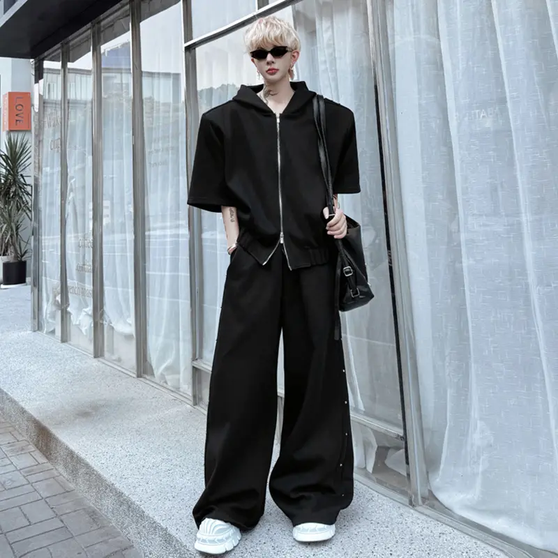 IEFB Fashion Men's Suits Hooded Zipper Short Sleeve Solid Color Sweatshirts Metal Rivets Drawstring Loose Male Pants New 9W2317