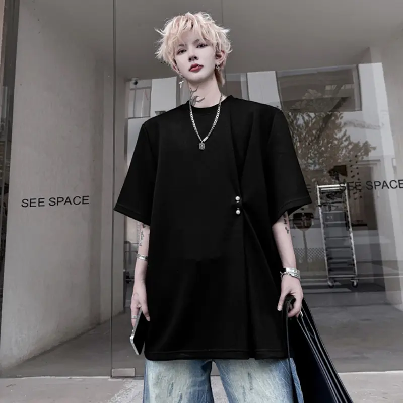 IEFB Pearl Buckle Design Men's T-shirts O-neck Solid Color New Niche Tops Short Sleeve Loose Male Tees Stylish Menswear 9W2306