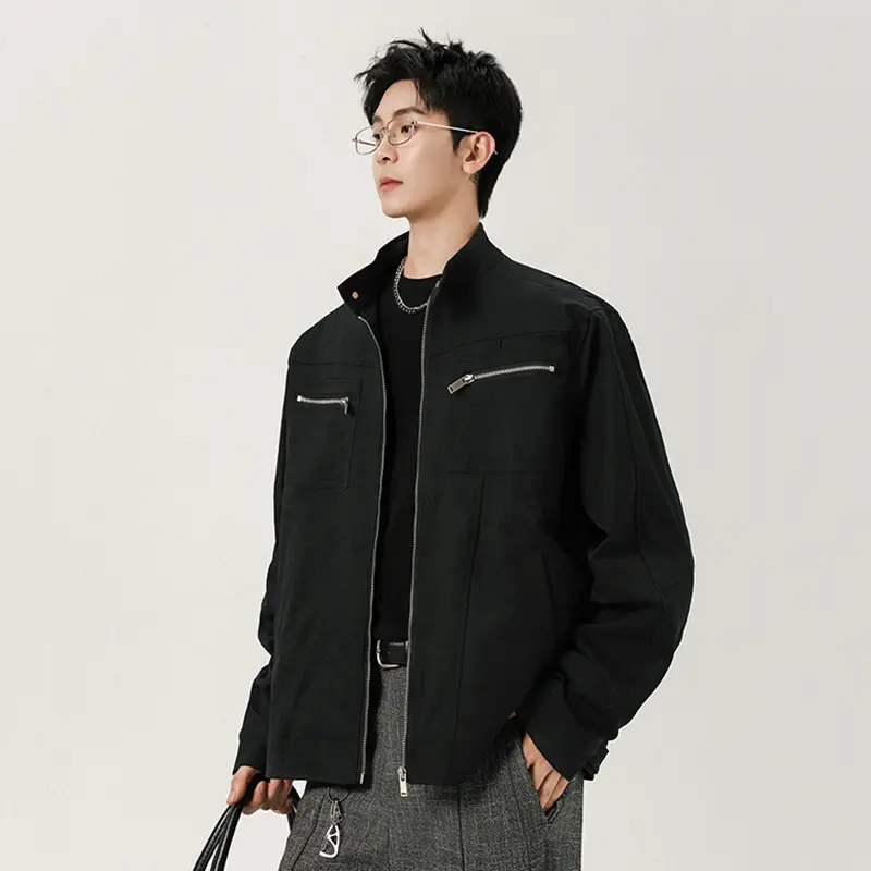 IEFB High Street Men's Coats Stand Collar Zipper Patchwork Design Autumn Solid Color All-match Loose Male Jackets Simple 9W4122