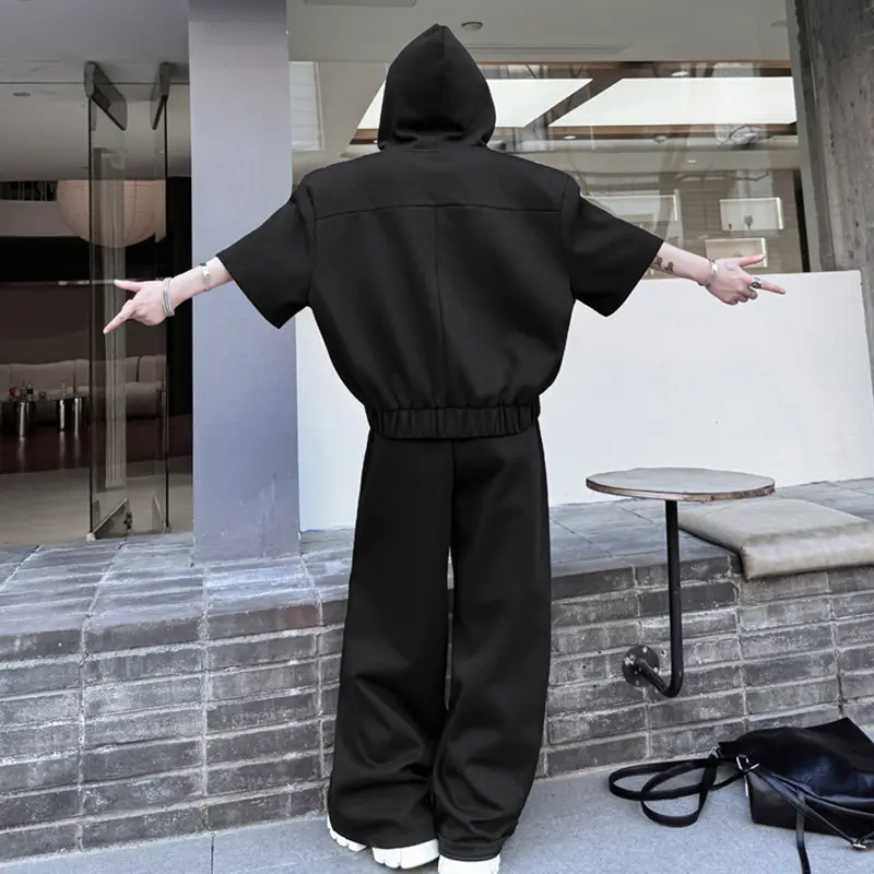 IEFB Fashion Men's Suits Hooded Zipper Short Sleeve Solid Color Sweatshirts Metal Rivets Drawstring Loose Male Pants New 9W2317