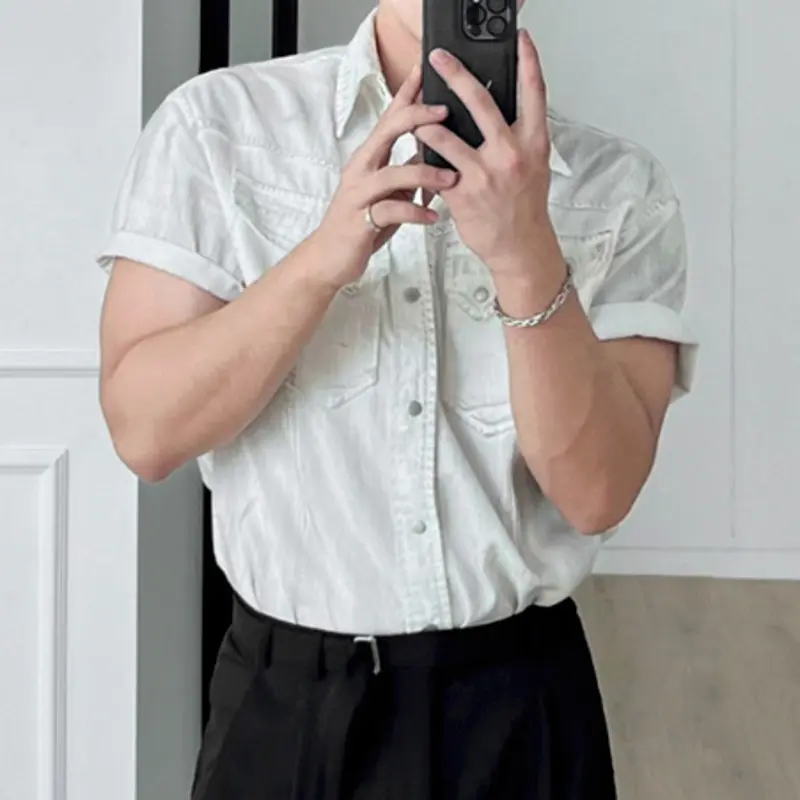 IEFB Fashion Men's Shirts Denim Worn-out Turn-down Collar Short Sleeve Single Breasted Contrast Color Washing Male Tops 9W2723