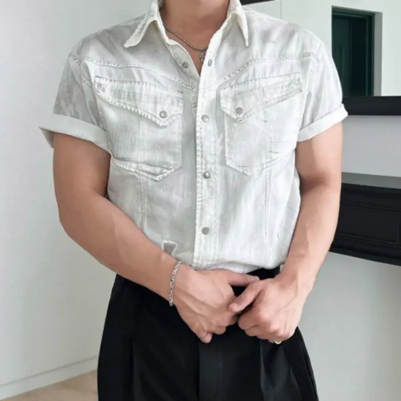IEFB Fashion Men's Shirts Denim Worn-out Turn-down Collar Short Sleeve Single Breasted Contrast Color Washing Male Tops 9W2723