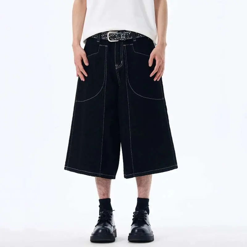 IEFB American Style Men's Denim Shorts Pockets Solid Color Wide Leg Bottom Straight Simple Jeans Male Loose Trousers New 9W2528