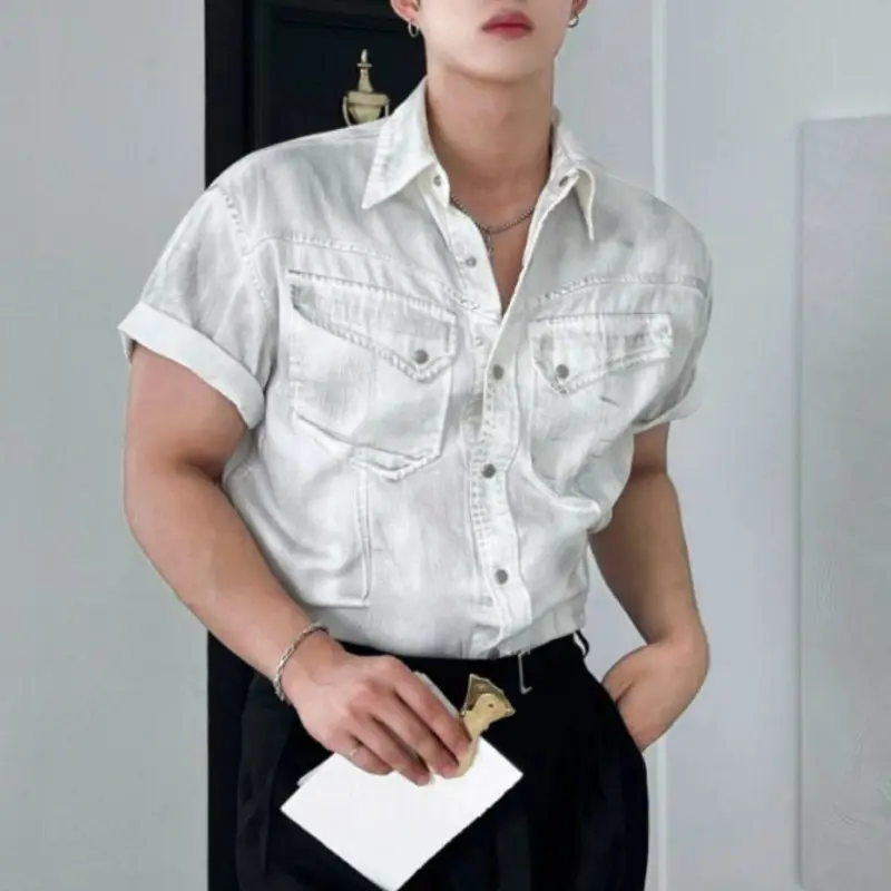 IEFB Fashion Men's Shirts Denim Worn-out Turn-down Collar Short Sleeve Single Breasted Contrast Color Washing Male Tops 9W2723