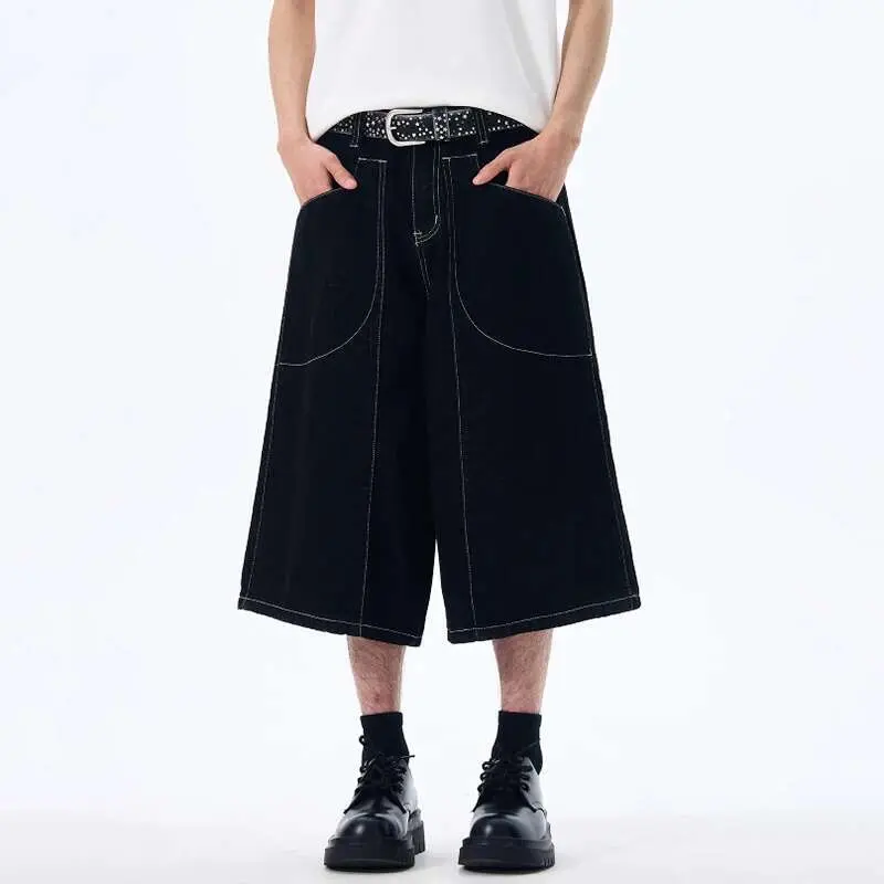IEFB American Style Men's Denim Shorts Pockets Solid Color Wide Leg Bottom Straight Simple Jeans Male Loose Trousers New 9W2528