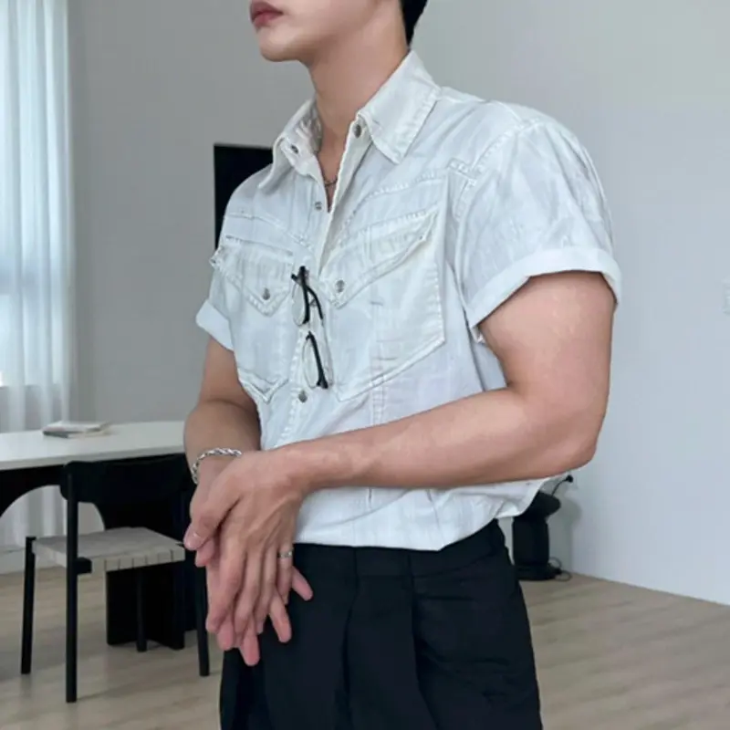 IEFB Fashion Men's Shirts Denim Worn-out Turn-down Collar Short Sleeve Single Breasted Contrast Color Washing Male Tops 9W2723