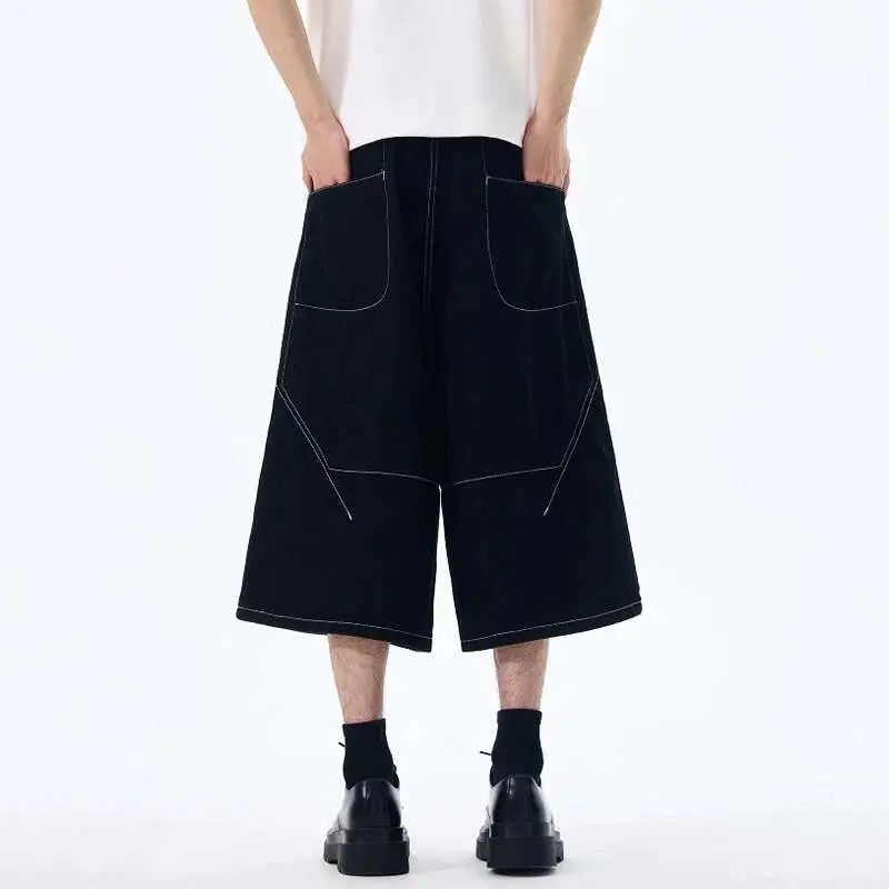 IEFB American Style Men's Denim Shorts Pockets Solid Color Wide Leg Bottom Straight Simple Jeans Male Loose Trousers New 9W2528