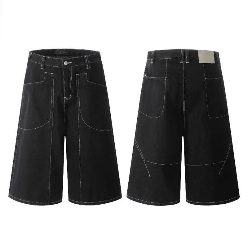 IEFB American Style Men's Denim Shorts Pockets Solid Color Wide Leg Bottom Straight Simple Jeans Male Loose Trousers New 9W2528