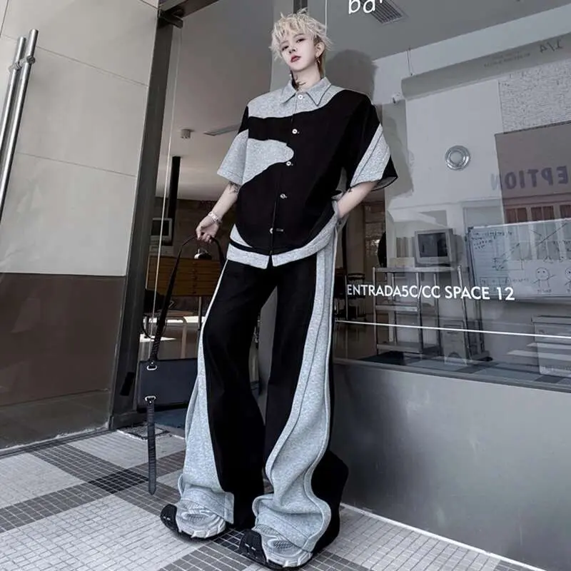 IEFB  Men's Pants Set New Summer Contrast Color Short Sleeve Single Breasted Jacket Casual Pants Male Loose Suit 2025 9W1508