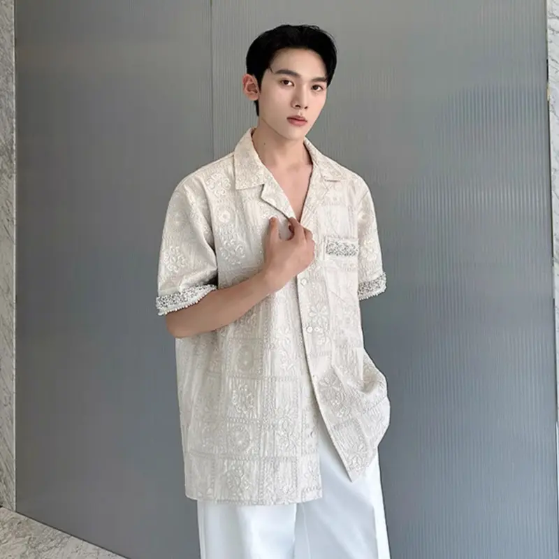 IEFB Summer New Trendy Men's Shirt Jacquard Embroidery Short Sleeve Shirts Diamond Pearl Ribbon Top 2025 Fashion Tide 9W3876