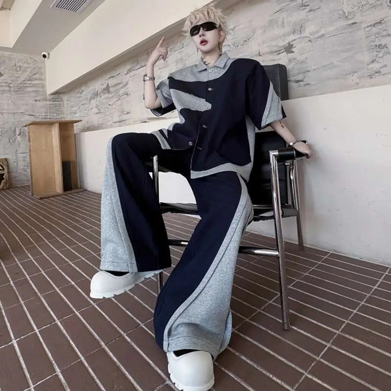 IEFB  Men's Pants Set New Summer Contrast Color Short Sleeve Single Breasted Jacket Casual Pants Male Loose Suit 2025 9W1508