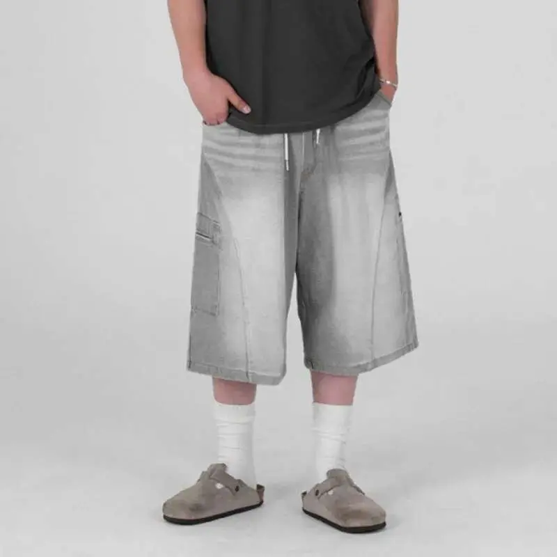 IEFB Men's Cargo Denim Shorts New Summer Loose Mid Length Pants Korean Solid Color Trendy Elastic Waist Male Bottoms 9W1639