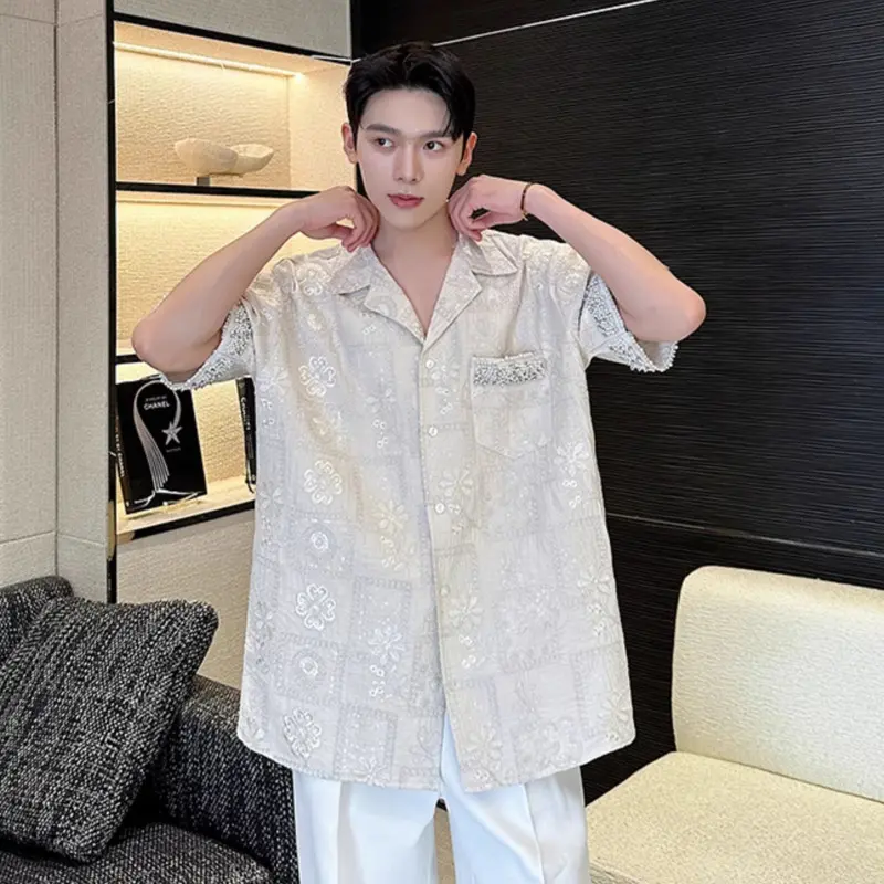 IEFB Summer New Trendy Men's Shirt Jacquard Embroidery Short Sleeve Shirts Diamond Pearl Ribbon Top 2025 Fashion Tide 9W3876
