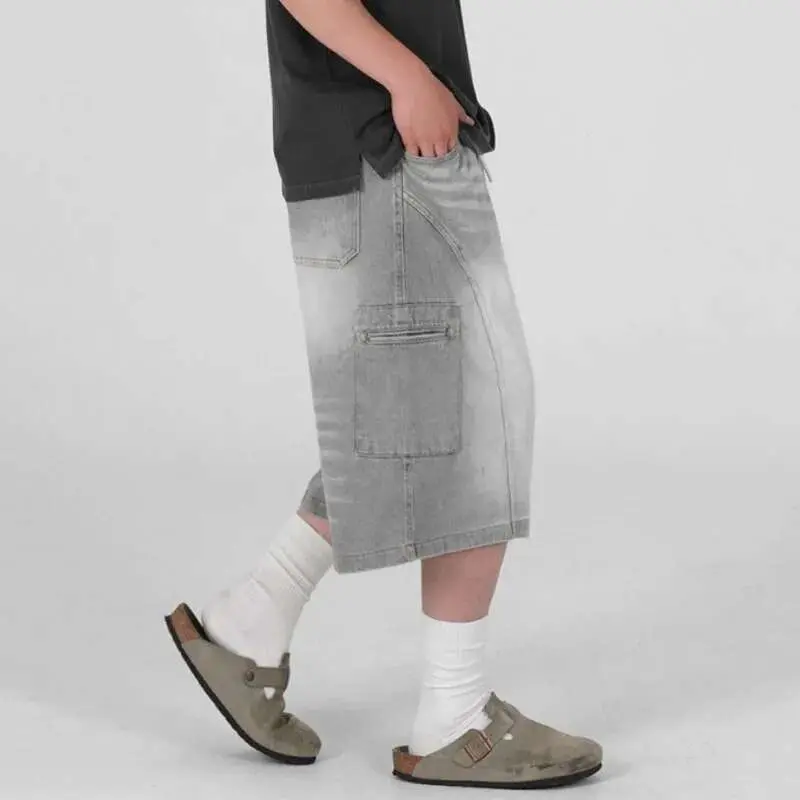 IEFB Men's Cargo Denim Shorts New Summer Loose Mid Length Pants Korean Solid Color Trendy Elastic Waist Male Bottoms 9W1639