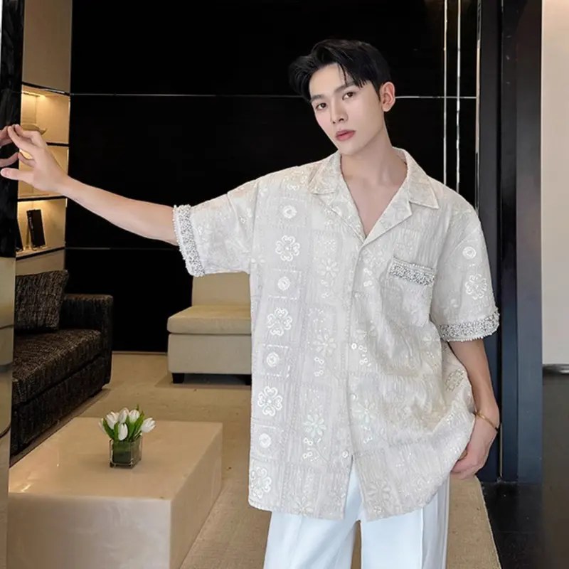 IEFB Summer New Trendy Men's Shirt Jacquard Embroidery Short Sleeve Shirts Diamond Pearl Ribbon Top 2025 Fashion Tide 9W3876