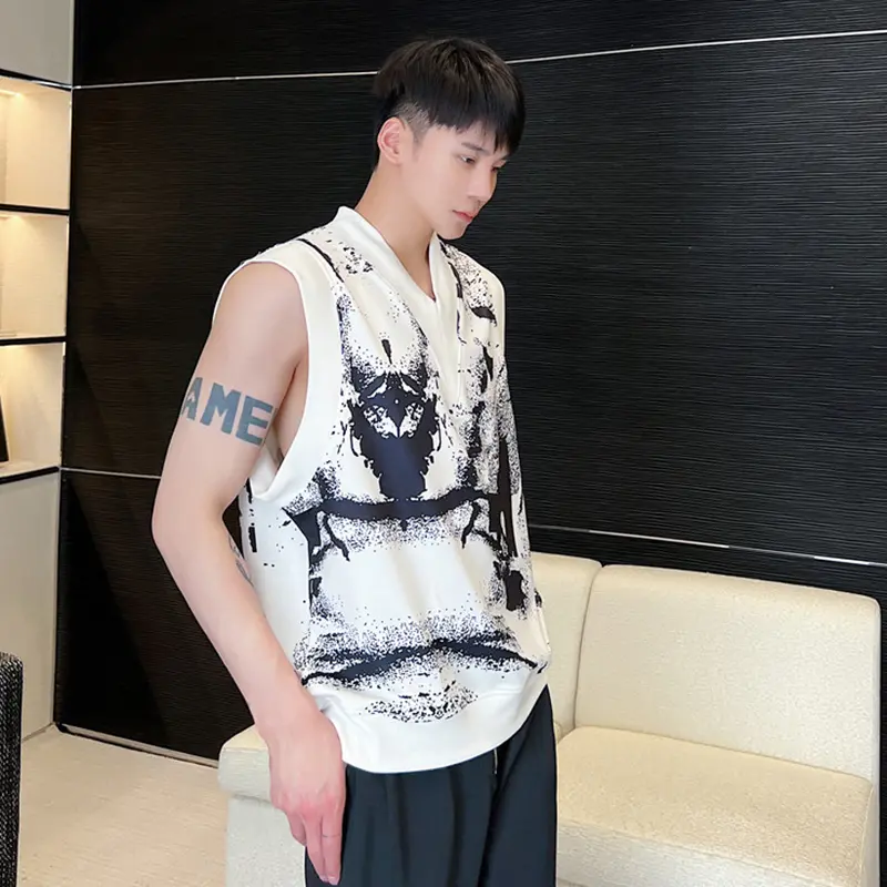 IEFB Men's Vest Coat New Summer Korean Style Digital Print Trendy V-neck Loose Design Handsome Male Pullover Clothing 9W2097
