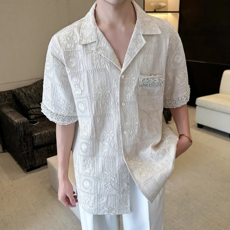 IEFB Summer New Trendy Men's Shirt Jacquard Embroidery Short Sleeve Shirts Diamond Pearl Ribbon Top 2025 Fashion Tide 9W3876