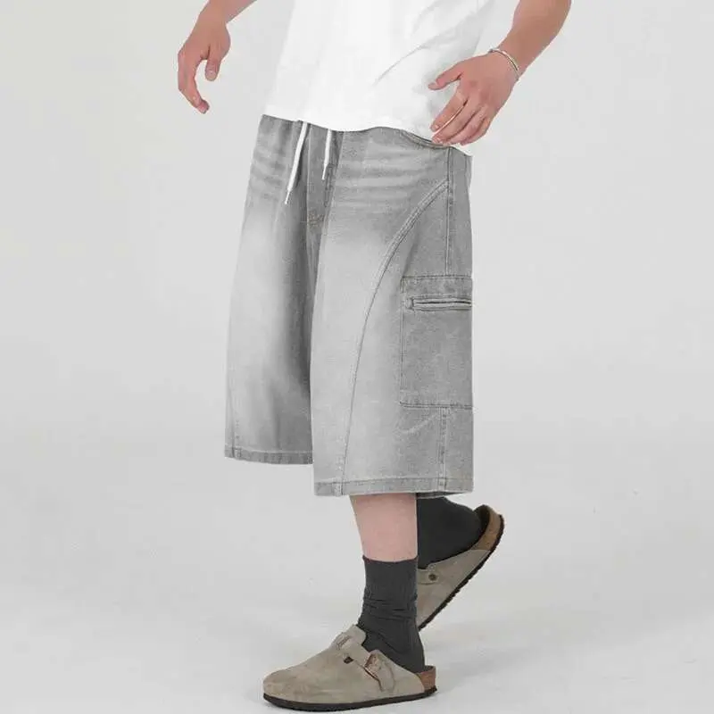 IEFB Men's Cargo Denim Shorts New Summer Loose Mid Length Pants Korean Solid Color Trendy Elastic Waist Male Bottoms 9W1639