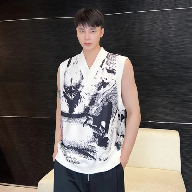 IEFB Men's Vest Coat New Summer Korean Style Digital Print Trendy V-neck Loose Design Handsome Male Pullover Clothing 9W2097