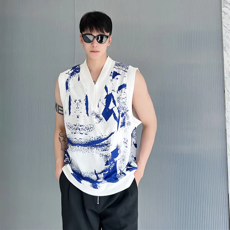 IEFB Men's Vest Coat New Summer Korean Style Digital Print Trendy V-neck Loose Design Handsome Male Pullover Clothing 9W2097