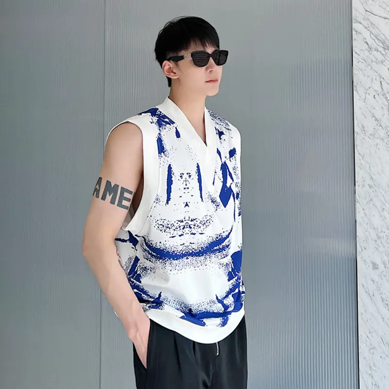 IEFB Men's Vest Coat New Summer Korean Style Digital Print Trendy V-neck Loose Design Handsome Male Pullover Clothing 9W2097