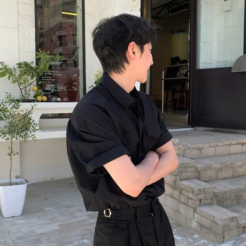 IEFB Men's Shirts Short Sleeved New Summer Korean Style Singel Breasted Lapel Solid Color Multi Pockets Stylish Male Tees 9W2041