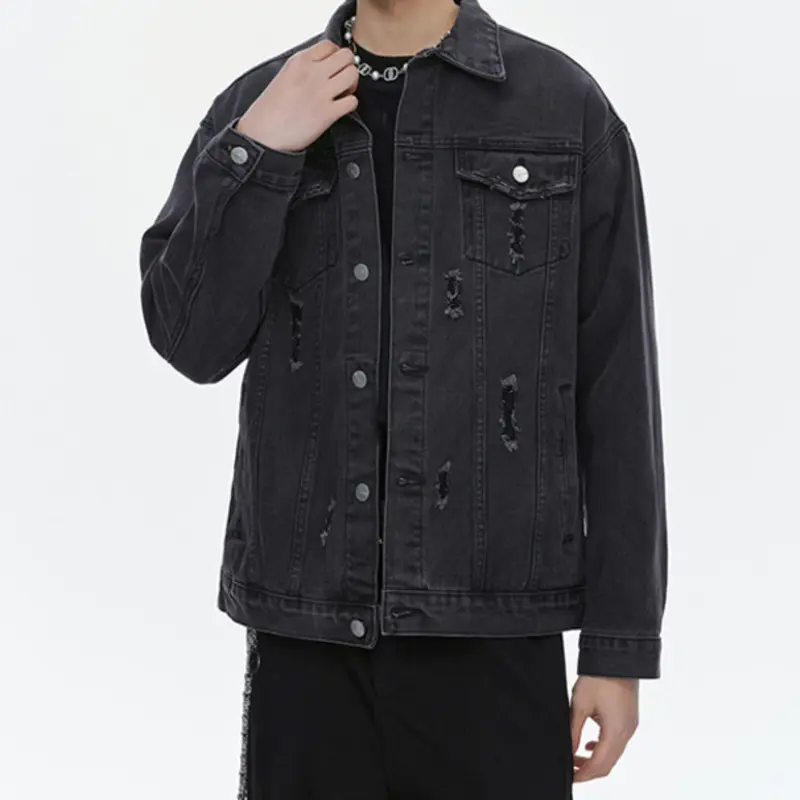 IEFB High Street Men's Denim Jacket Turn-down Collar Holes Design Solid Color Top Single Breasted Loose Male Coats Autumn 9W4054