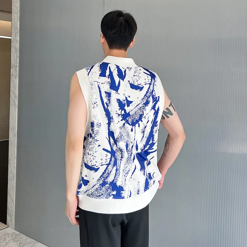 IEFB Men's Vest Coat New Summer Korean Style Digital Print Trendy V-neck Loose Design Handsome Male Pullover Clothing 9W2097