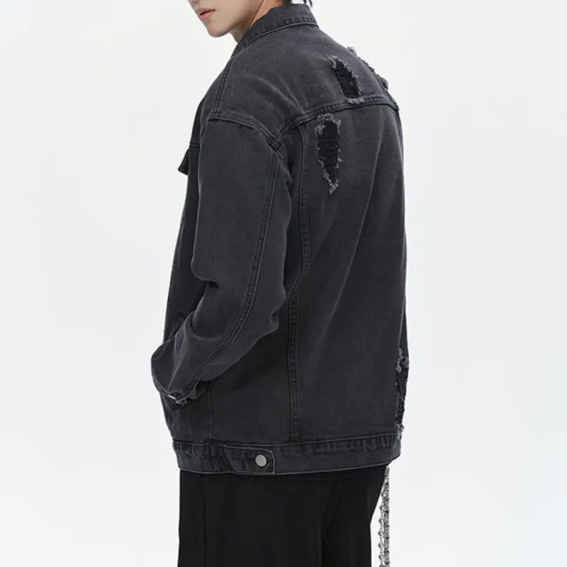 IEFB High Street Men's Denim Jacket Turn-down Collar Holes Design Solid Color Top Single Breasted Loose Male Coats Autumn 9W4054