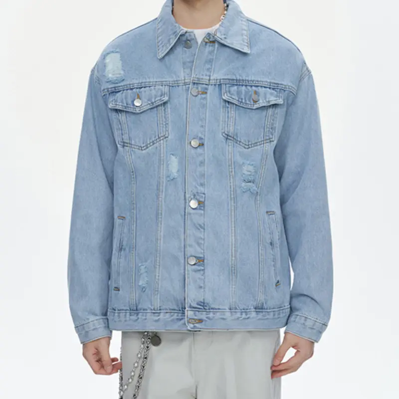 IEFB High Street Men's Denim Jacket Turn-down Collar Holes Design Solid Color Top Single Breasted Loose Male Coats Autumn 9W4054