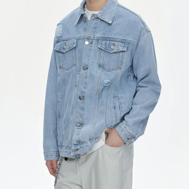 IEFB High Street Men's Denim Jacket Turn-down Collar Holes Design Solid Color Top Single Breasted Loose Male Coats Autumn 9W4054