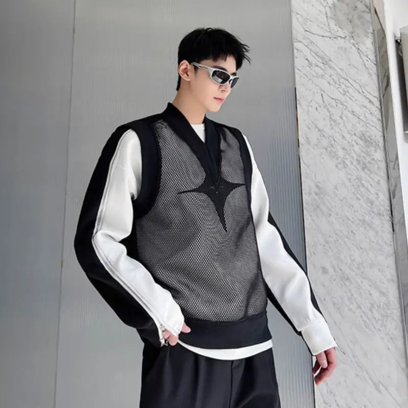 IEFB Men's Vest Coat New Summer Personalized Mesh Trendy V-neck Design Korean Style Handsome Causal Male Clothing 2025 9W2094