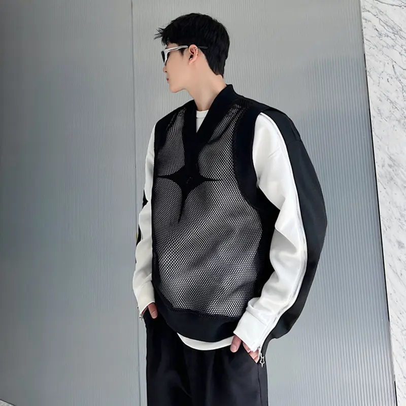 IEFB Men's Vest Coat New Summer Personalized Mesh Trendy V-neck Design Korean Style Handsome Causal Male Clothing 2025 9W2094
