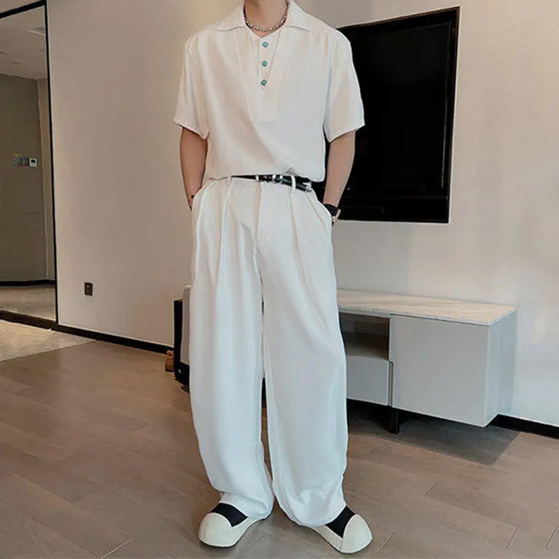 IEFB Men's Sets Fake Two-piece Lapel Short Sleeve Casual Shirts Pleated Solid Color Straight Leg Loose Male Pants Simple 9W2412
