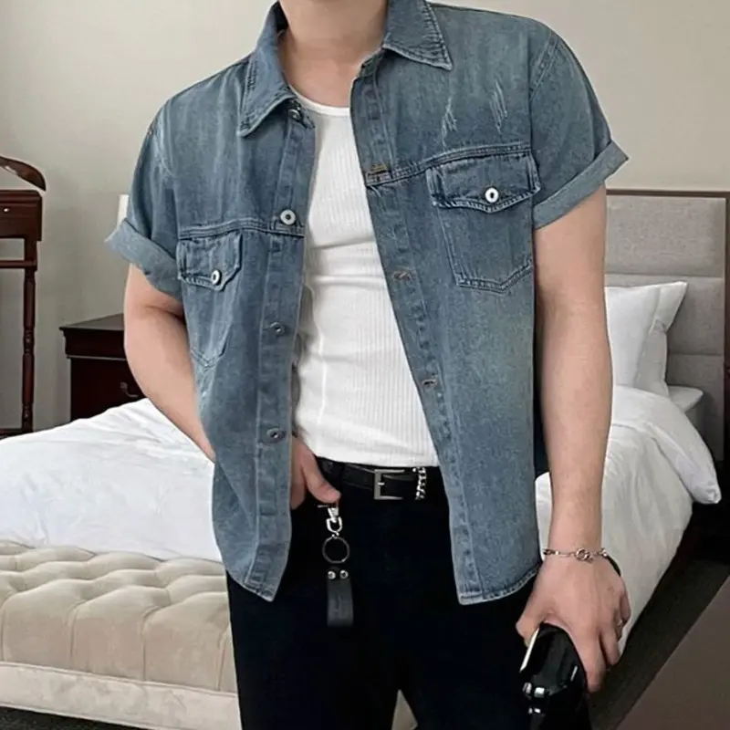IEFB Denim Men's Shirts Short Sleeve Casual Washing Turn-down Collar Single Breasted Vintage Loose Solid Color Male Shirt 9W2732